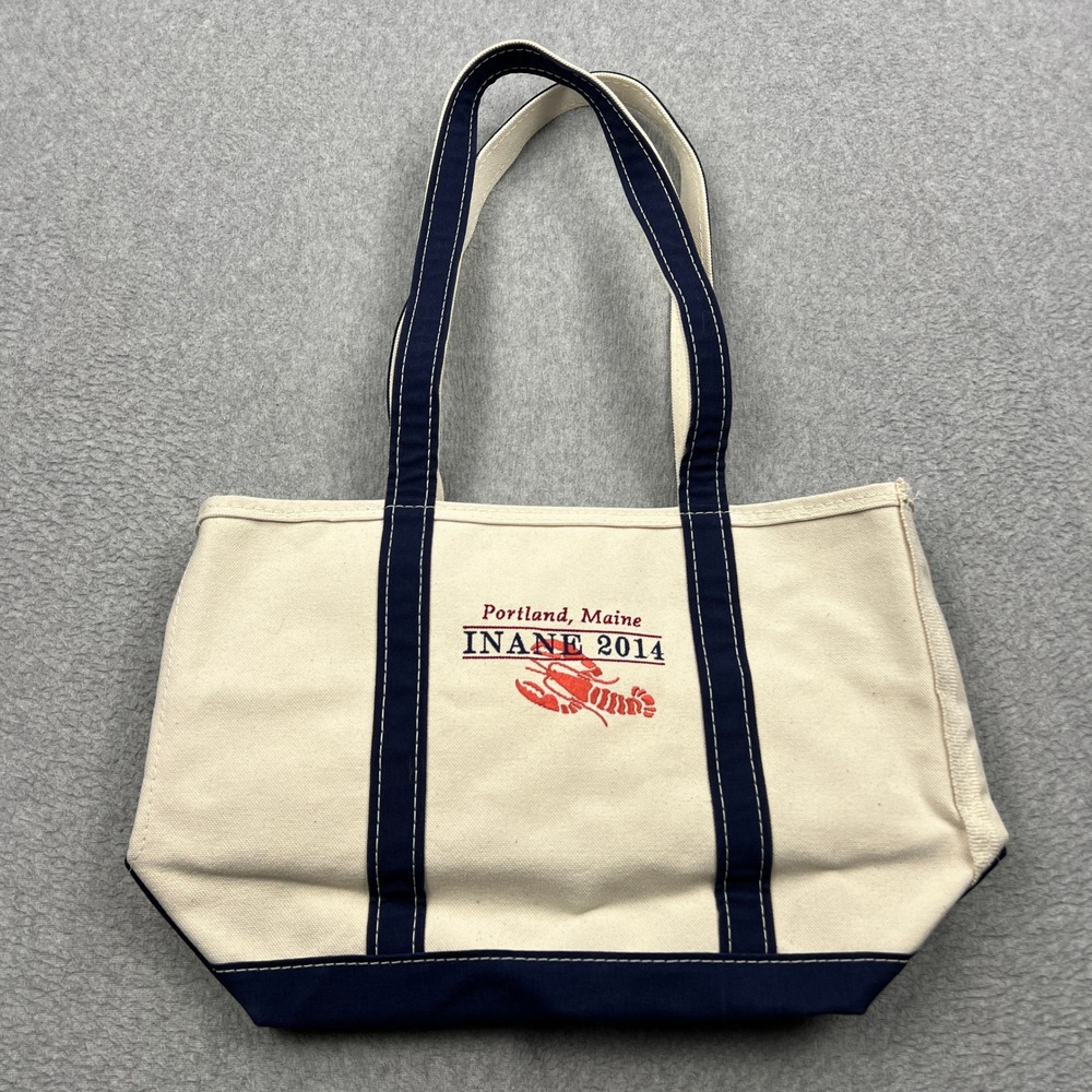 VTG LL Bean Boat & Tote Medium Cream Navy Lobster Portland Maine Embroidery USA